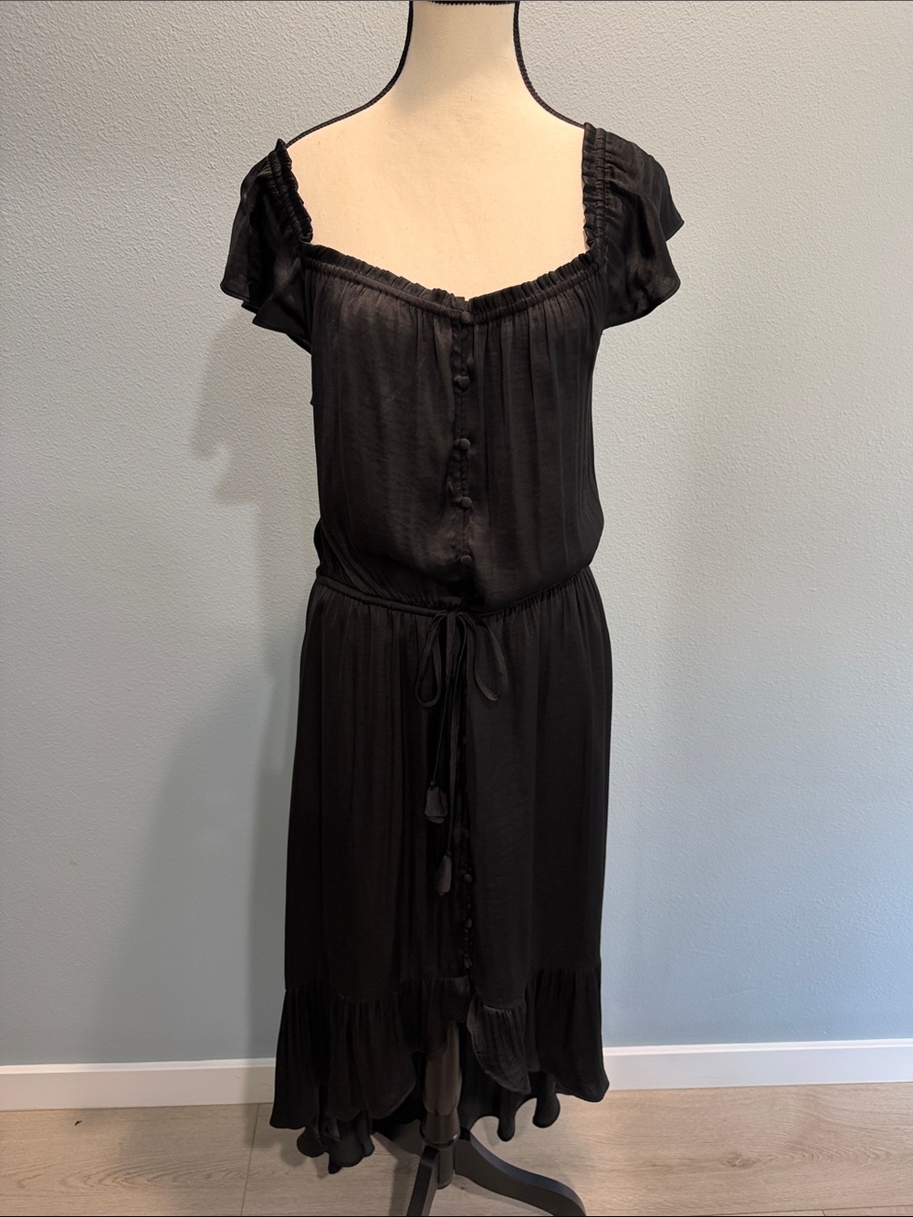 Naked Zebra Black Button-Front Midi Dress with Tie Waist